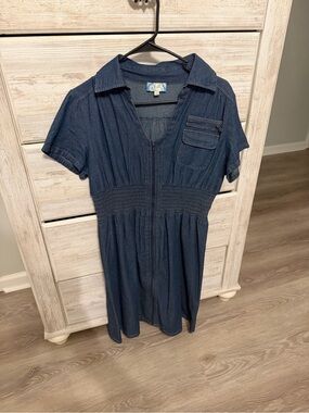 Dark Blue Short-Sleeve Denim Zip-Front Dress